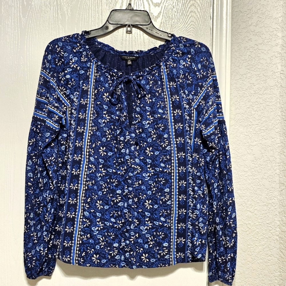 LUCKY BRAND S Blue Border Printed Peasant Top